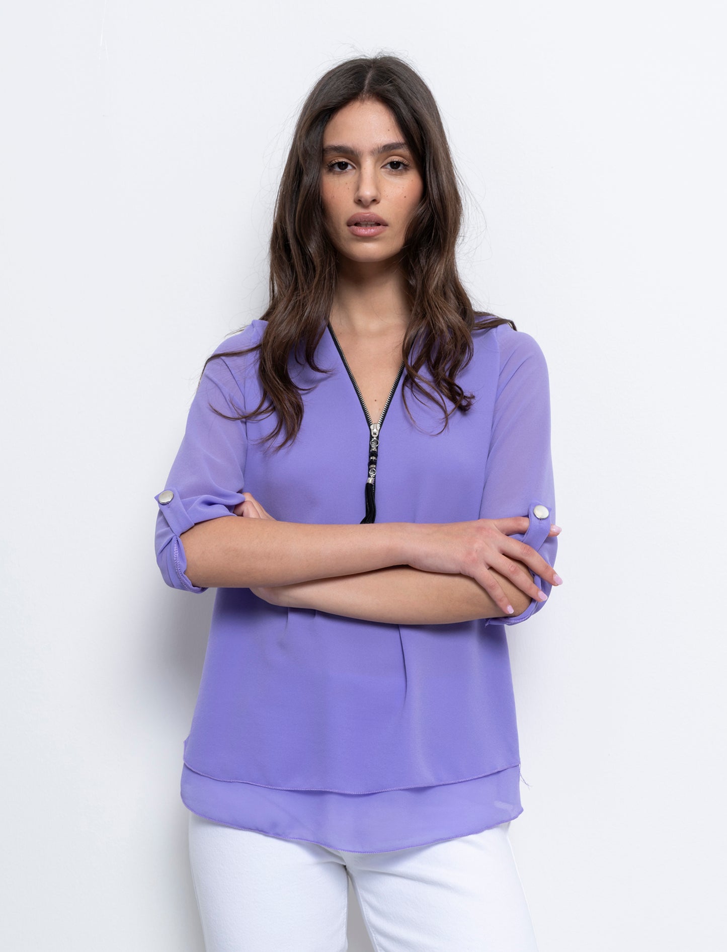 Casacca manica 3/4 con bottone e zip sul davanti. - Lilla