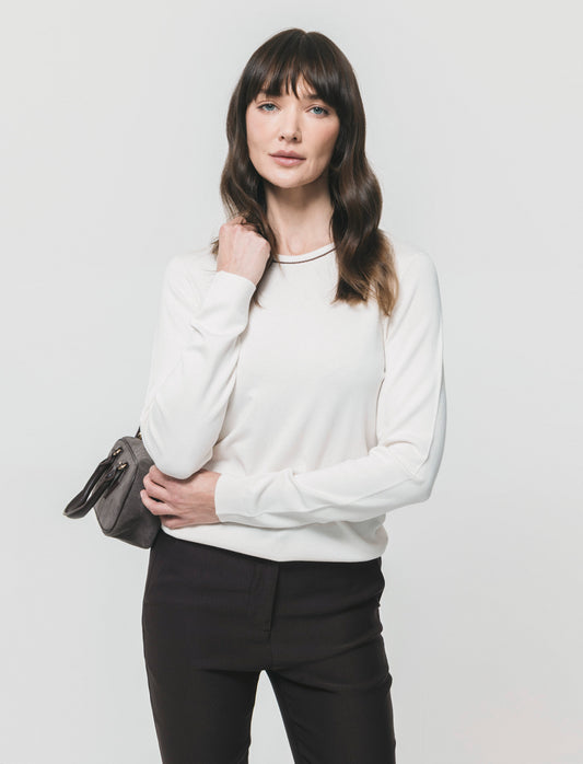 Pullover manica lunga con collo costina - Avorio