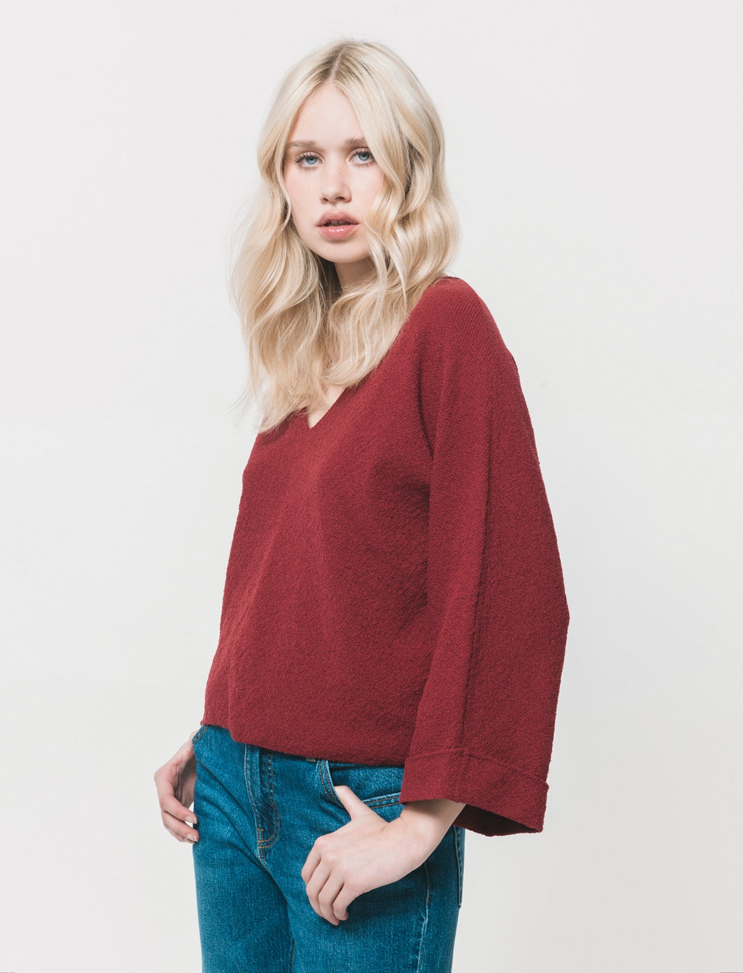Pullover Manica a Kimono e Scollo V - Rosso india