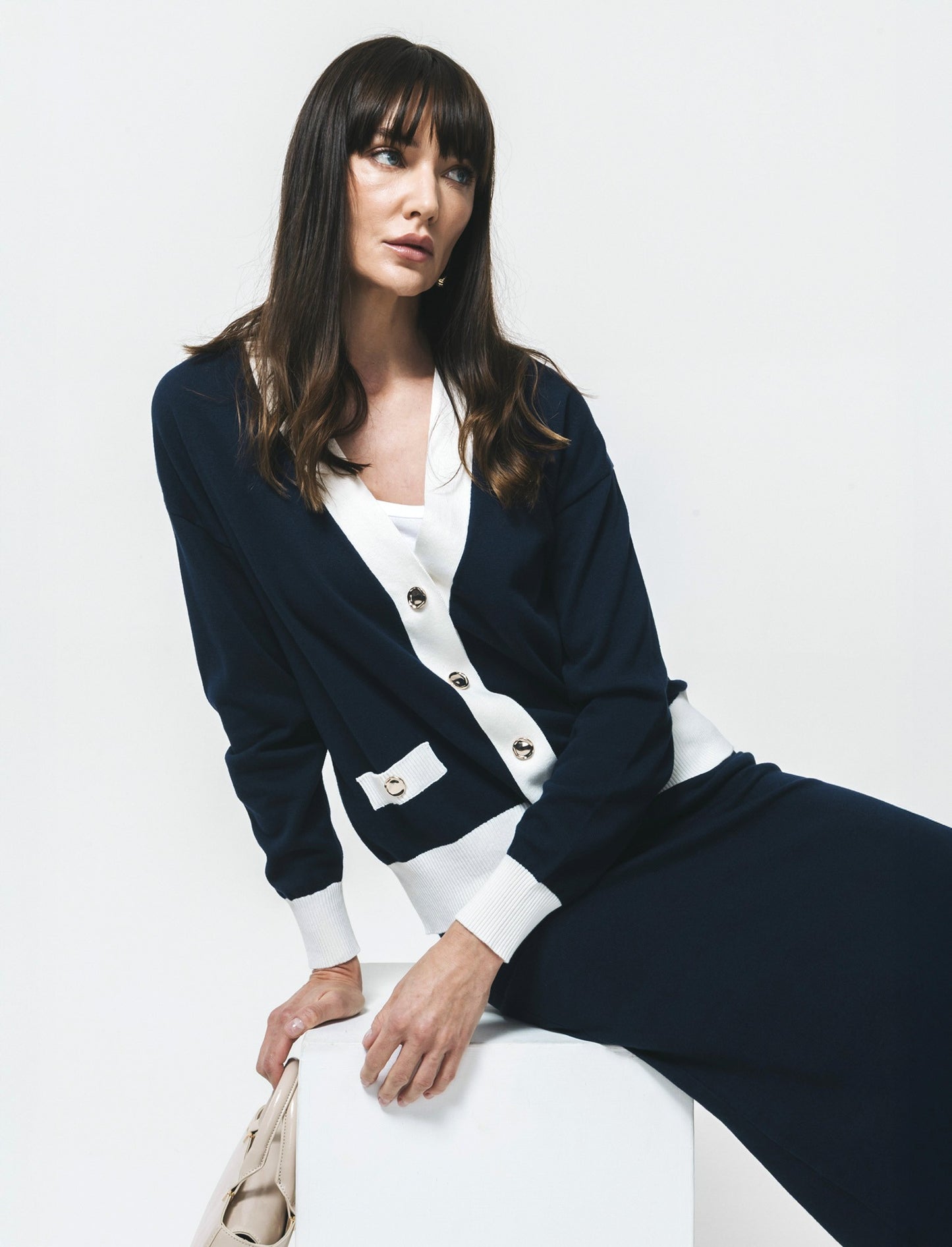 Cardigan Manica Lunga con Bordi Contrastanti - Blu