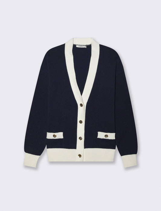 Cardigan Manica Lunga con Bordi Contrastanti - Blu