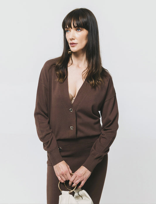 Cardigan Manica Lunga con Bordi Contrastanti - Marrone