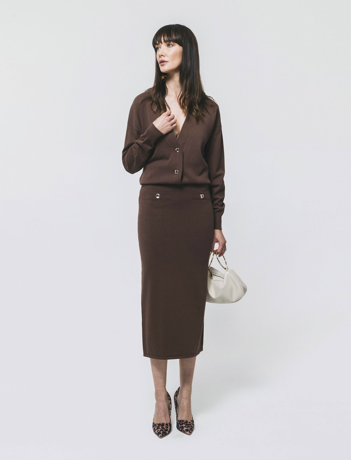 Long Sleeve Cardigan with Contrast Edges - Brown