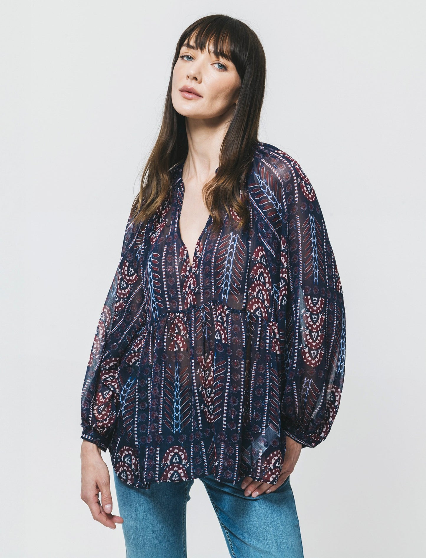 Long Sleeve V-Neck Blouse - 