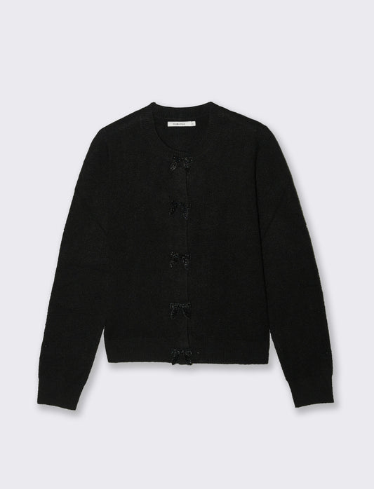 Cardigan Manica Lunga con Fiori e Bottoni - Nero