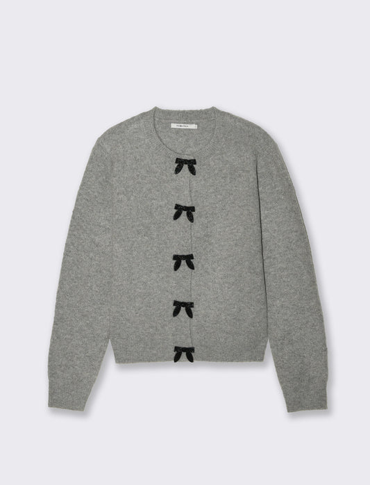 Cardigan Manica Lunga con Fiori e Bottoni - Grigio mel.