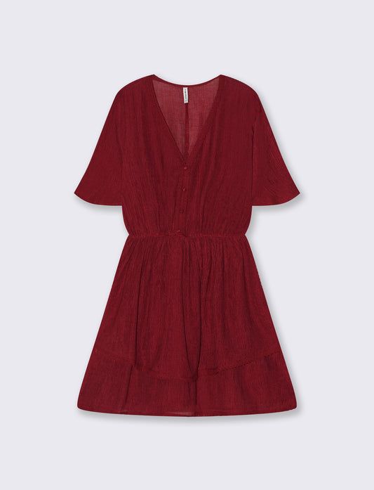 Vestito con Maniche Corte e Scollo a V - Rosso india