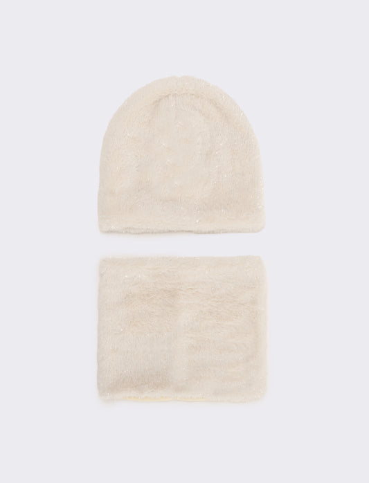 Set bambina collo cuffia acrilico - Beige