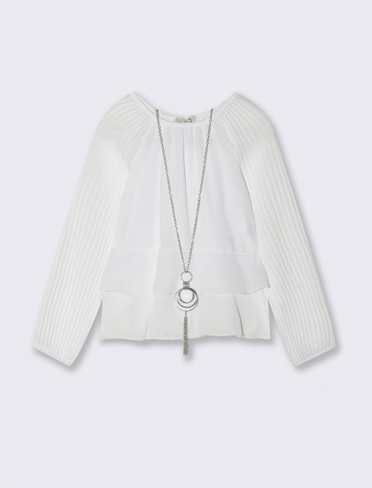 Blusa da bambina con maniche plissé. - Bianco