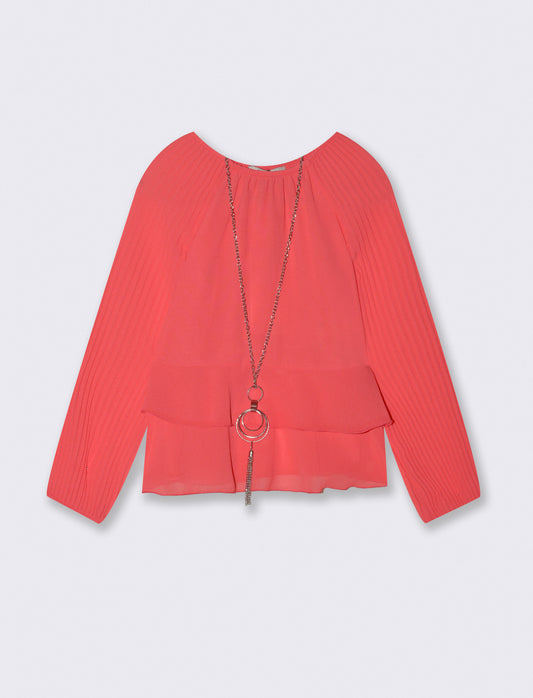 Blusa da bambina con maniche plissé. - Corallo