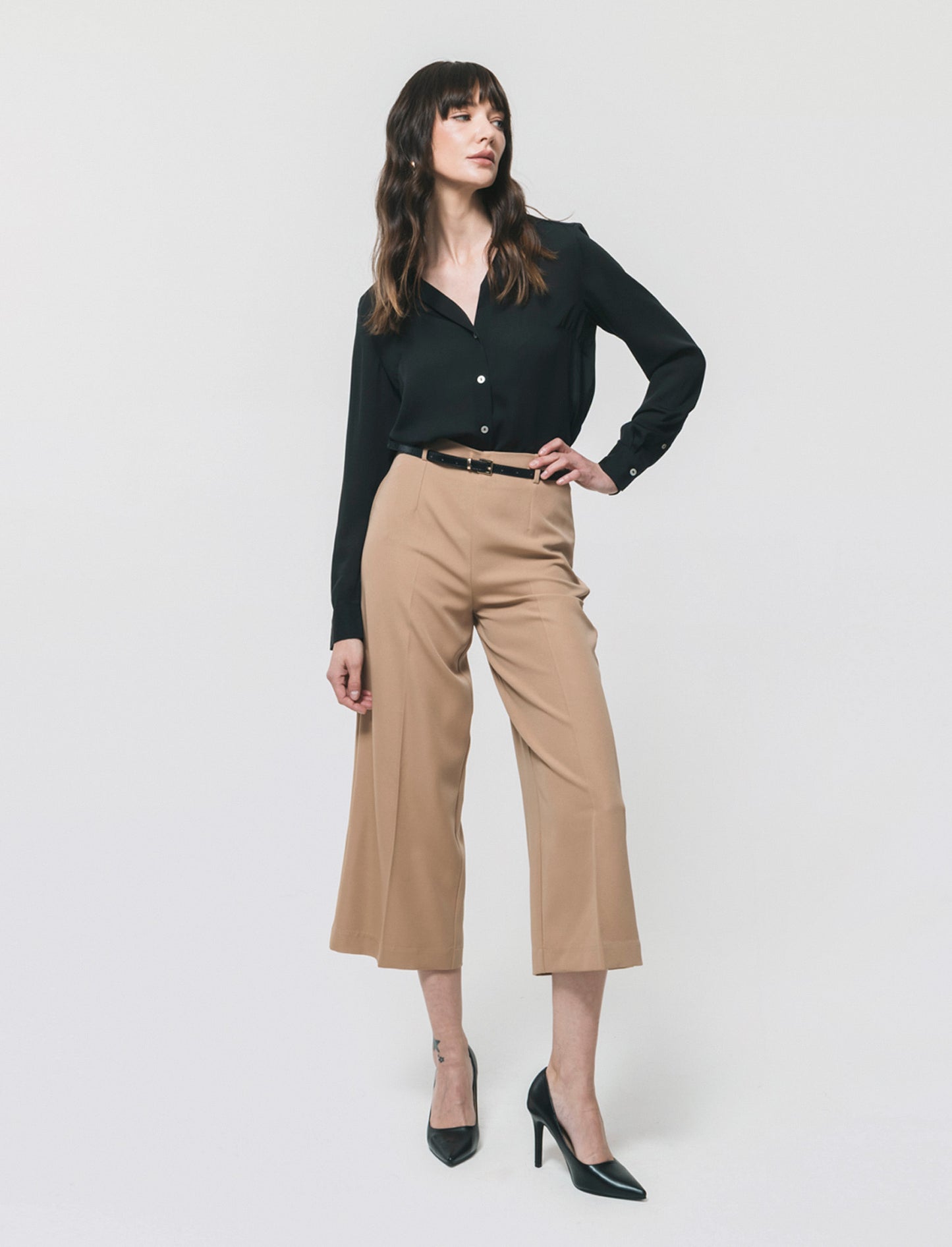 Culotte Pants with Belt and Elastic - BROWN