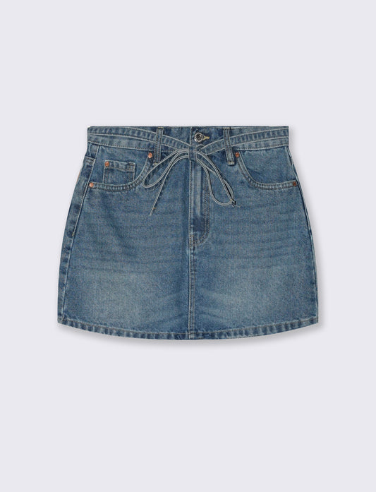 Gonna corta denim con cordino in vita - Denim