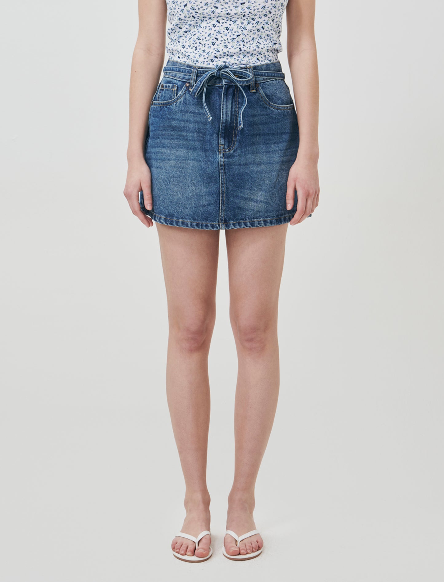 Denim mini skirt with drawstring waist - Blue