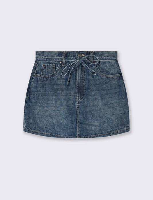 Gonna corta denim con cordino in vita - DENIM SCURO