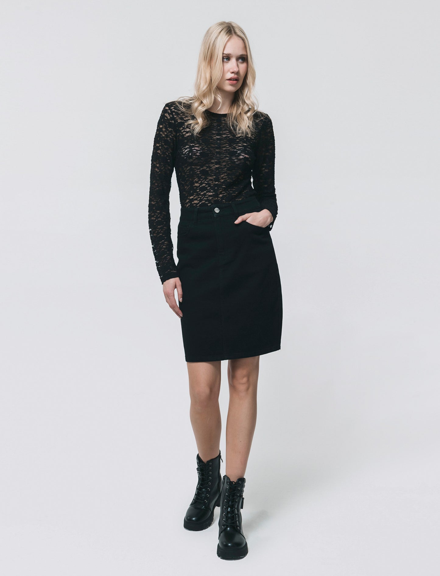 Denim Midi Skirt with Slit and Closure - Black