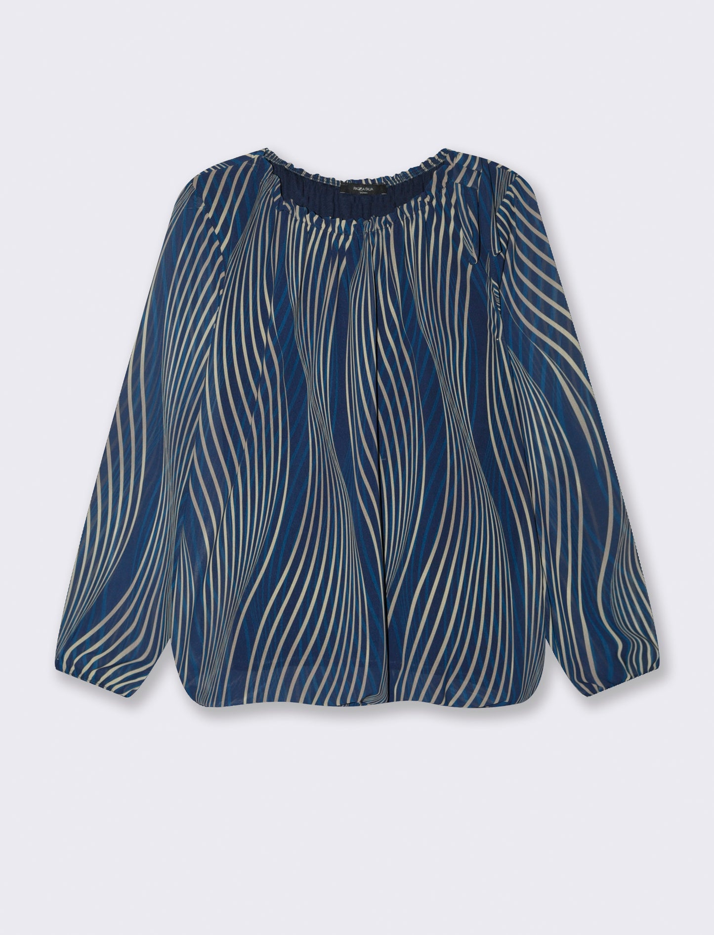 Blusa ampia in tessuto leggero con stampa e fiocco su una spalla. - Blu