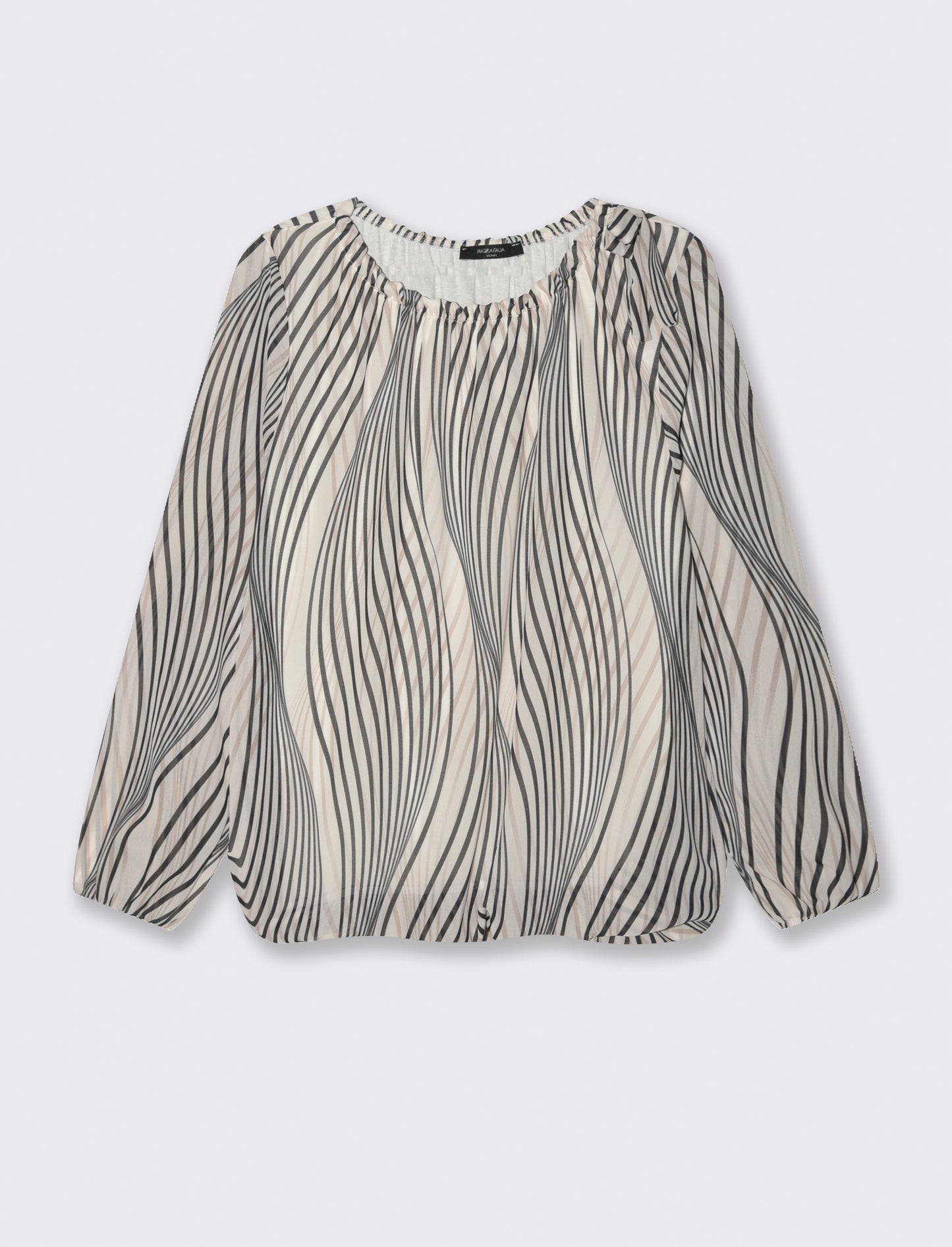 Blusa ampia in tessuto leggero con stampa e fiocco su una spalla. - Bianco-nero