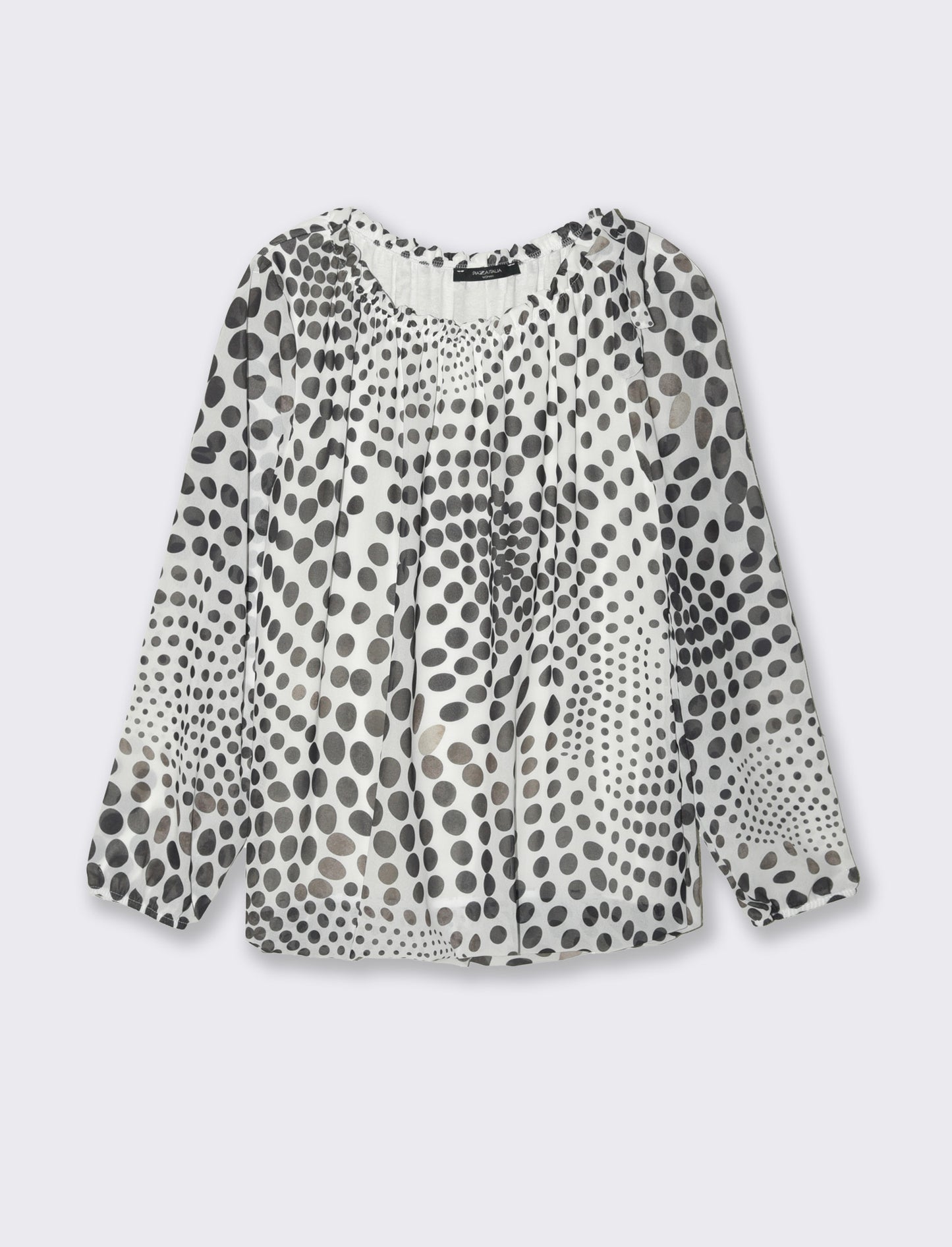 Blusa ampia in tessuto leggero con stampa e fiocco su una spalla. - Bianco-nero