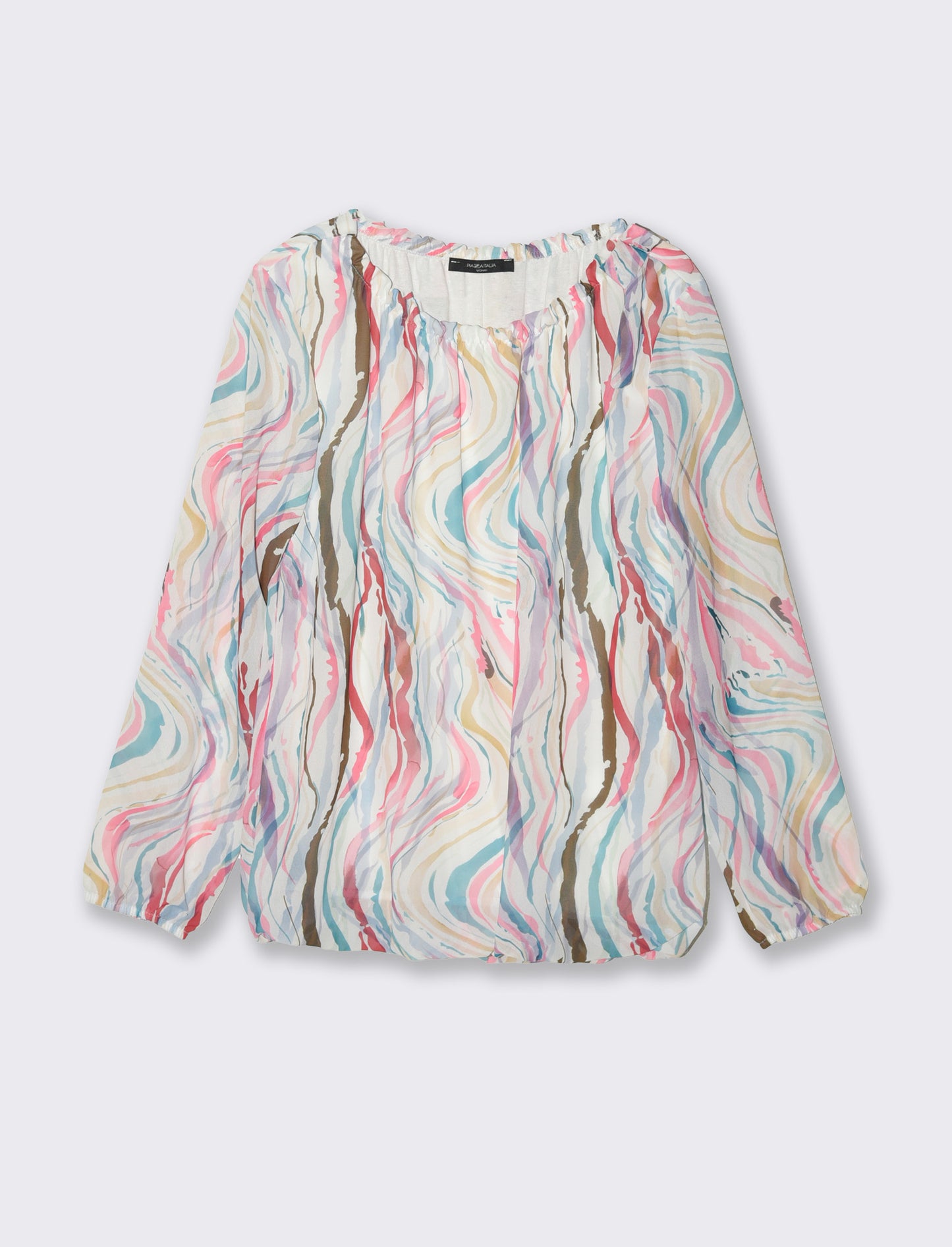 Blusa ampia in tessuto leggero con stampa e fiocco su una spalla. - Multicolore