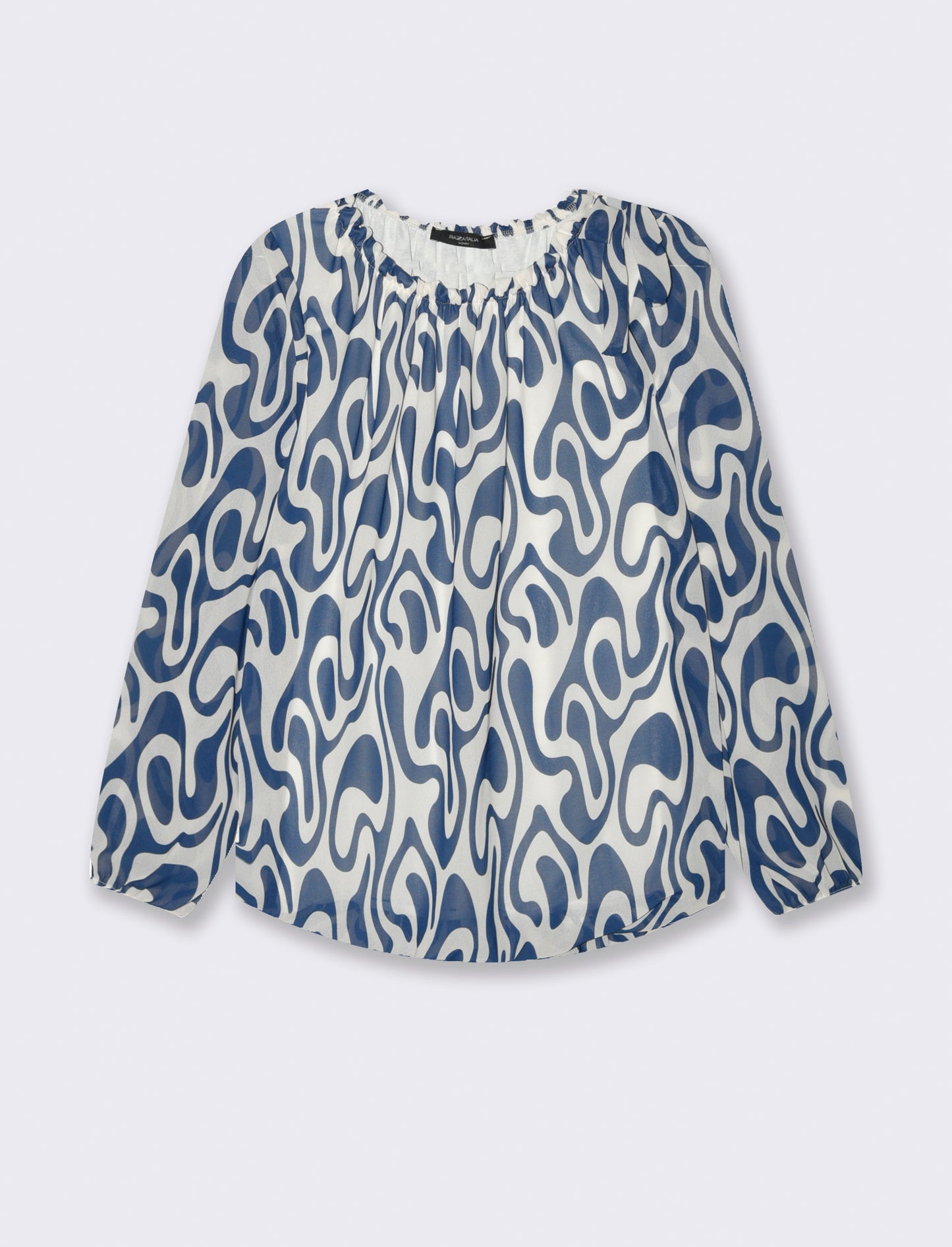 Blusa ampia in tessuto leggero con stampa e fiocco su una spalla. - Blu