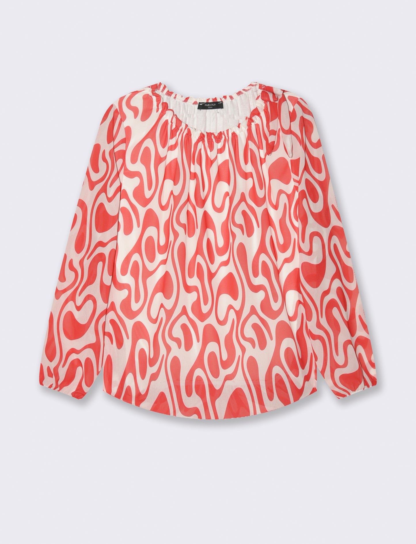 Blusa ampia in tessuto leggero con stampa e fiocco su una spalla. - Rosso