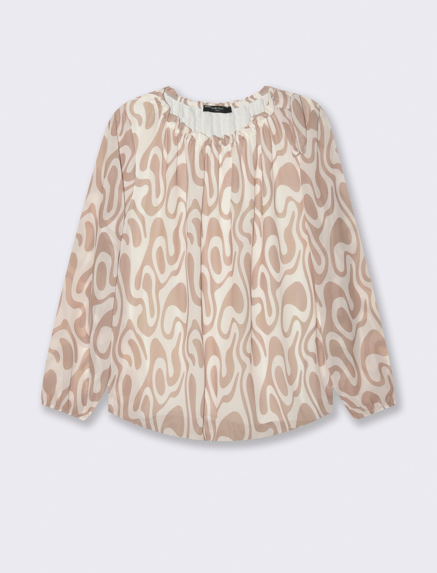 Blusa ampia in tessuto leggero con stampa e fiocco su una spalla. - Cammello