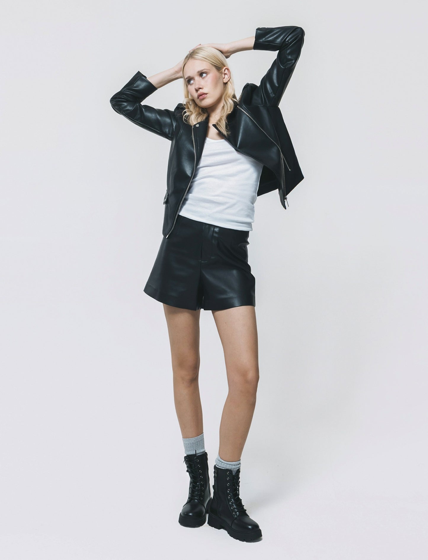 High-Waisted Faux Leather Fabric Shorts - Black