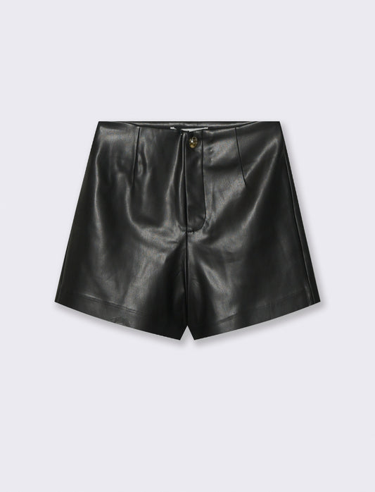 High-Waisted Faux Leather Fabric Shorts - Black