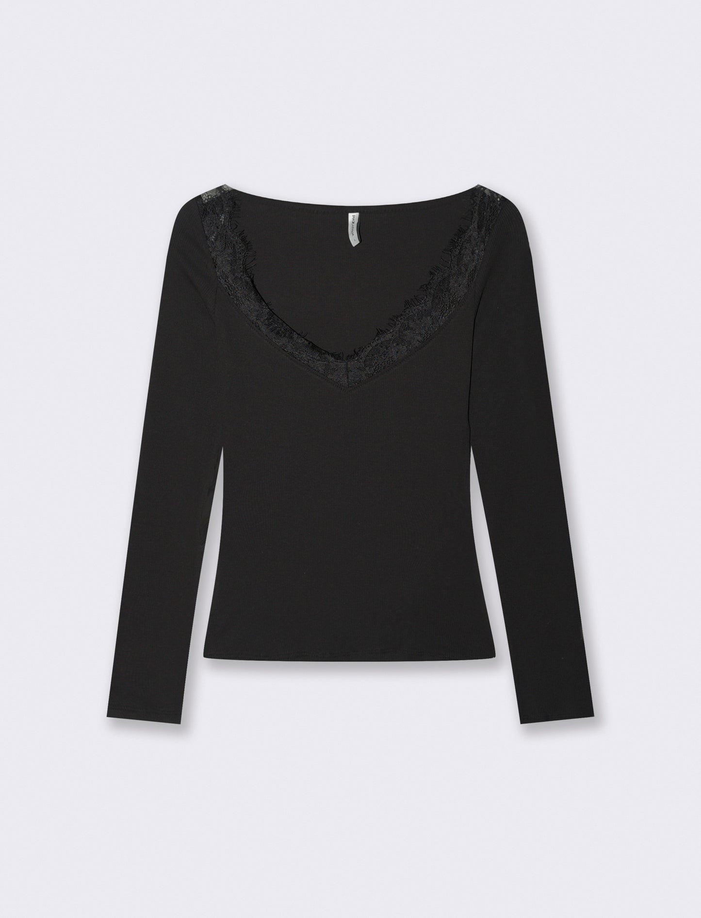 T-shirt con pizzo e scollo a V lungo - Nero