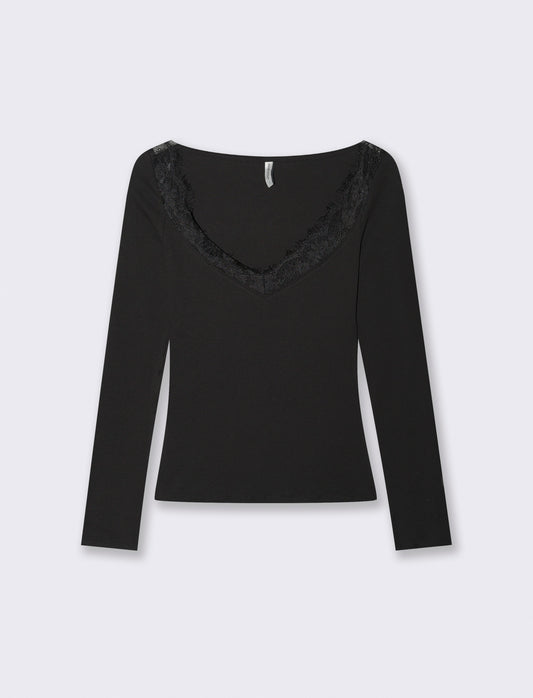 T-shirt con pizzo e scollo a V lungo - Nero