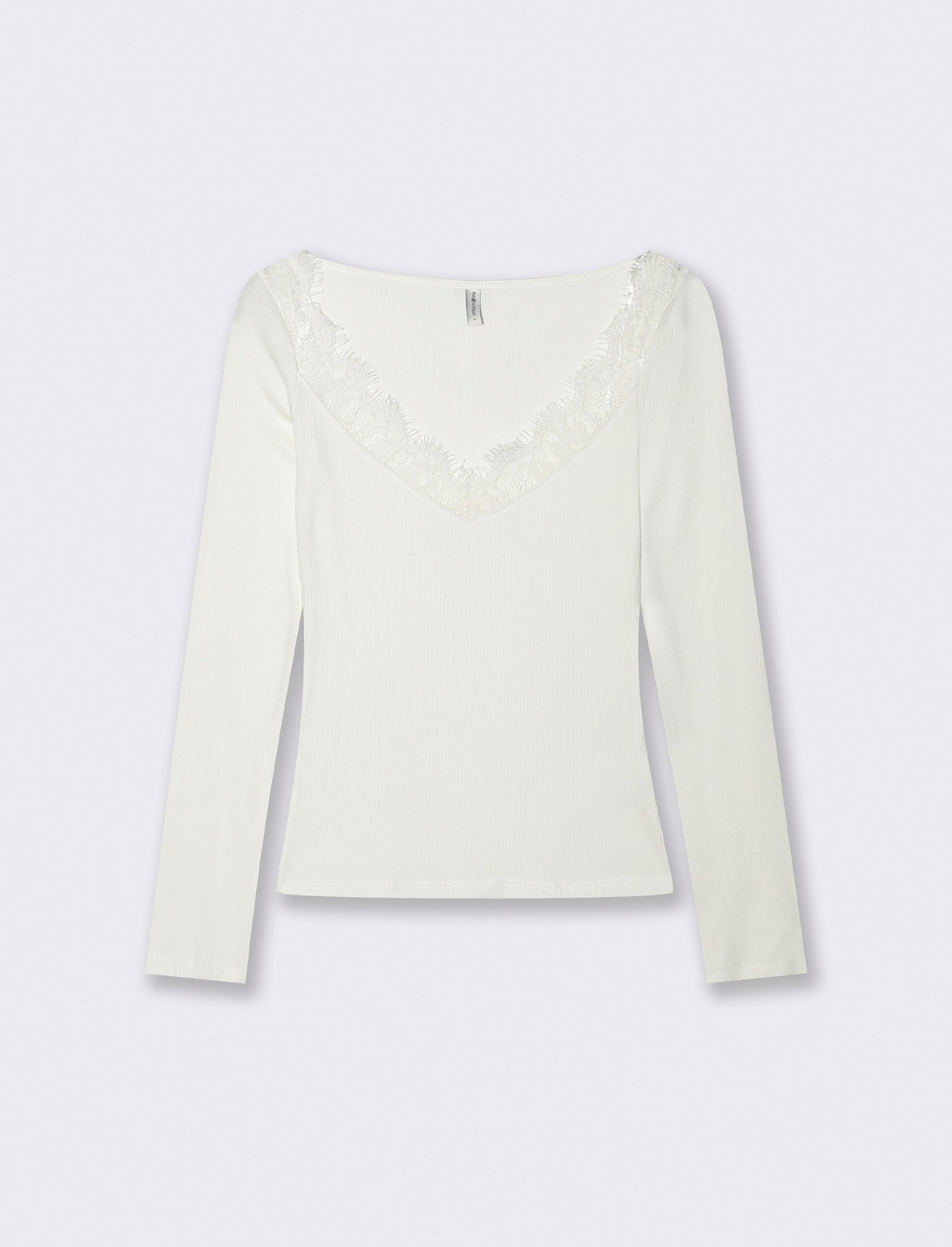 T-shirt con pizzo e scollo a V lungo - Avorio