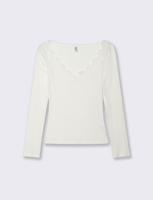 T-shirt con pizzo e scollo a V lungo - Avorio