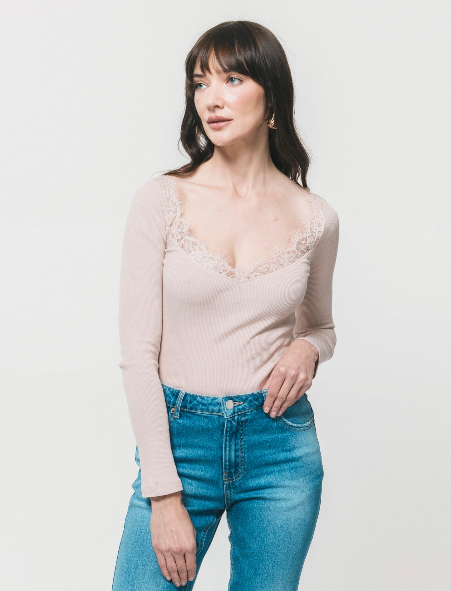 Lace V-neck Long T-shirt - Pink