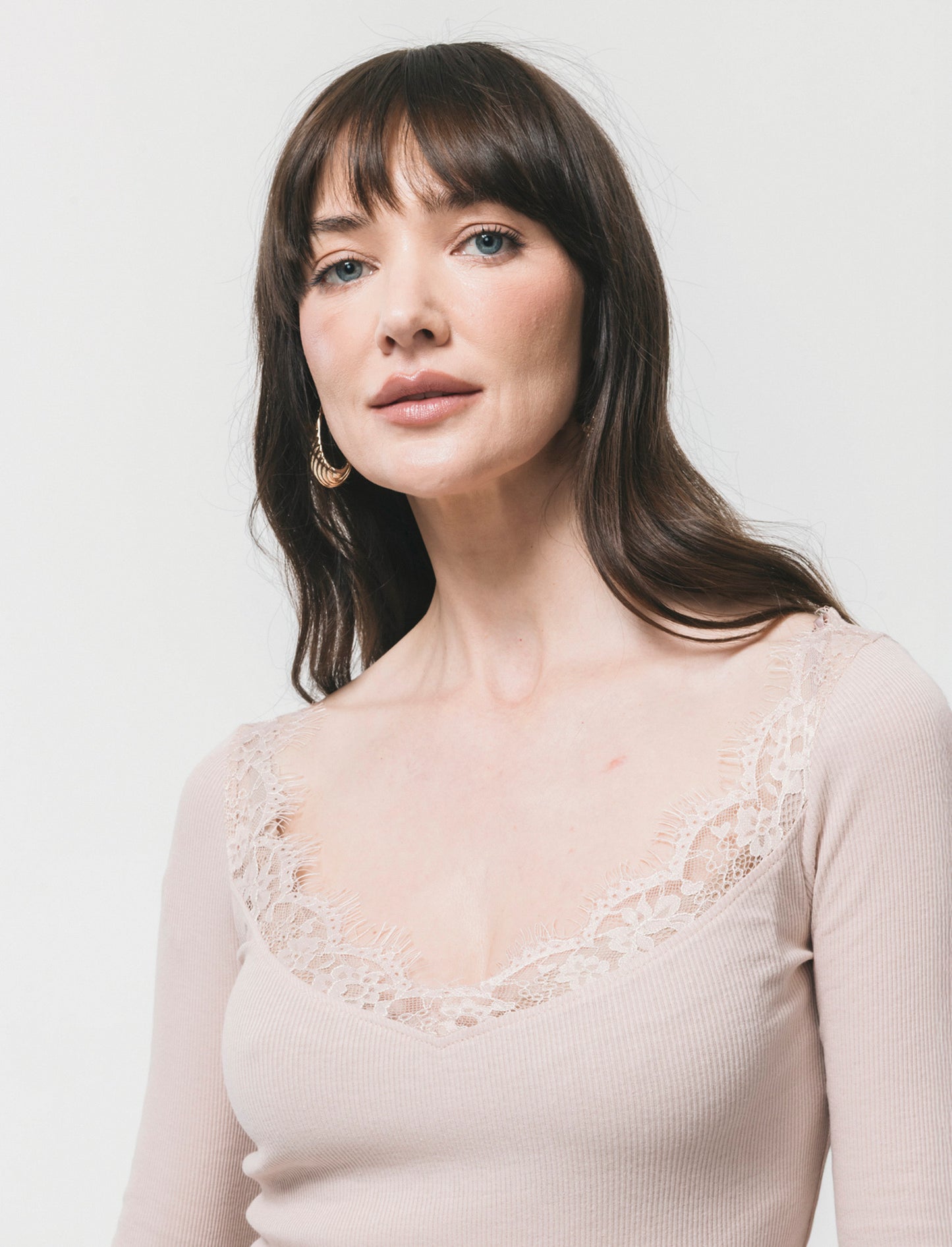 Lace V-neck Long T-shirt - Pink