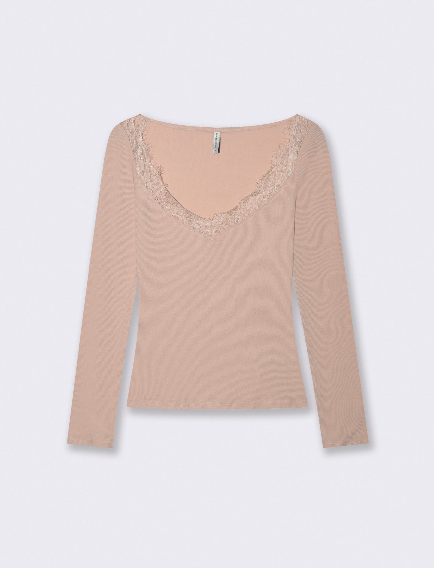 Lace V-neck Long T-shirt - Pink