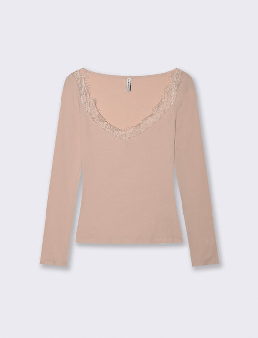 T-shirt con pizzo e scollo a V lungo - Rosa chiaro