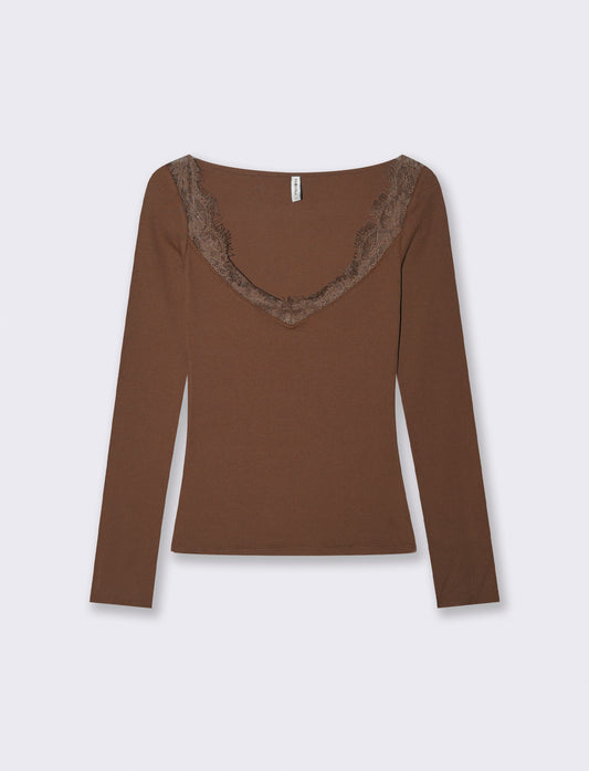 T-shirt con pizzo e scollo a V lungo - Marrone