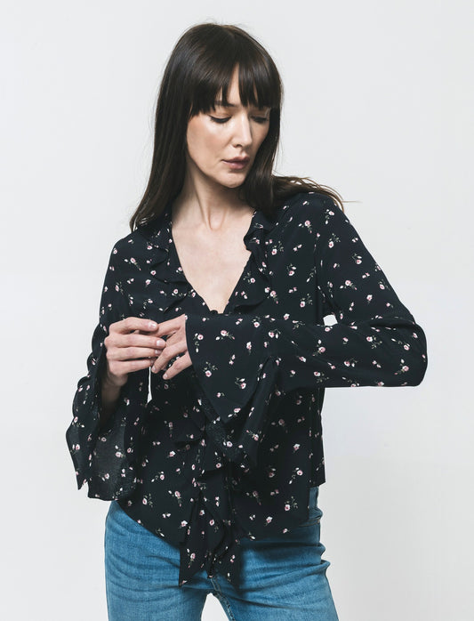 Camicia Stampata con Scollo a V e Rouches - var 1