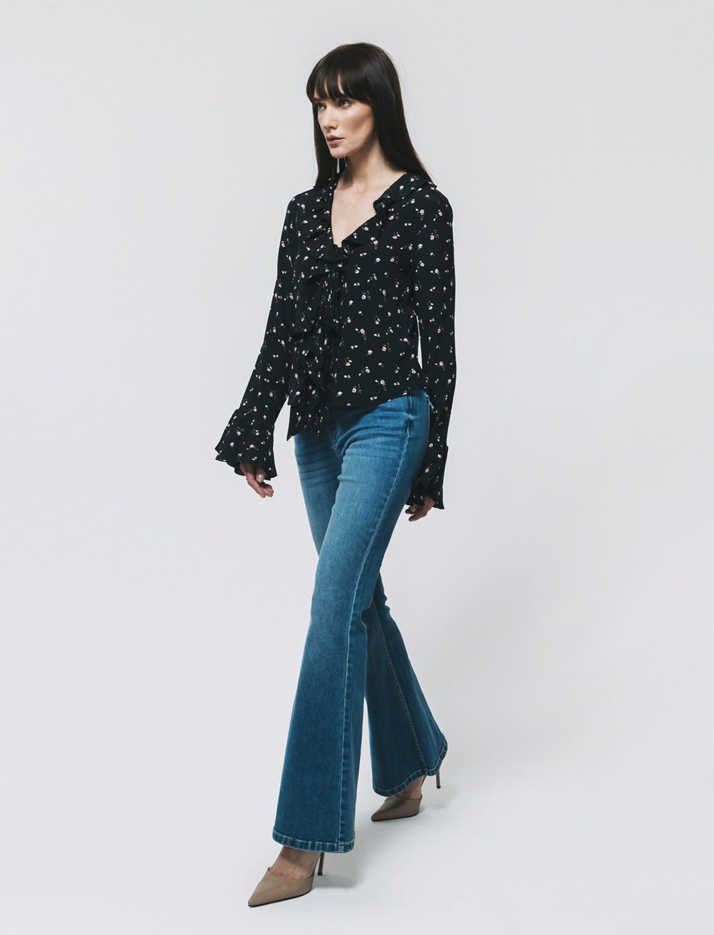 Camicia Stampata con Scollo a V e Rouches - var 1