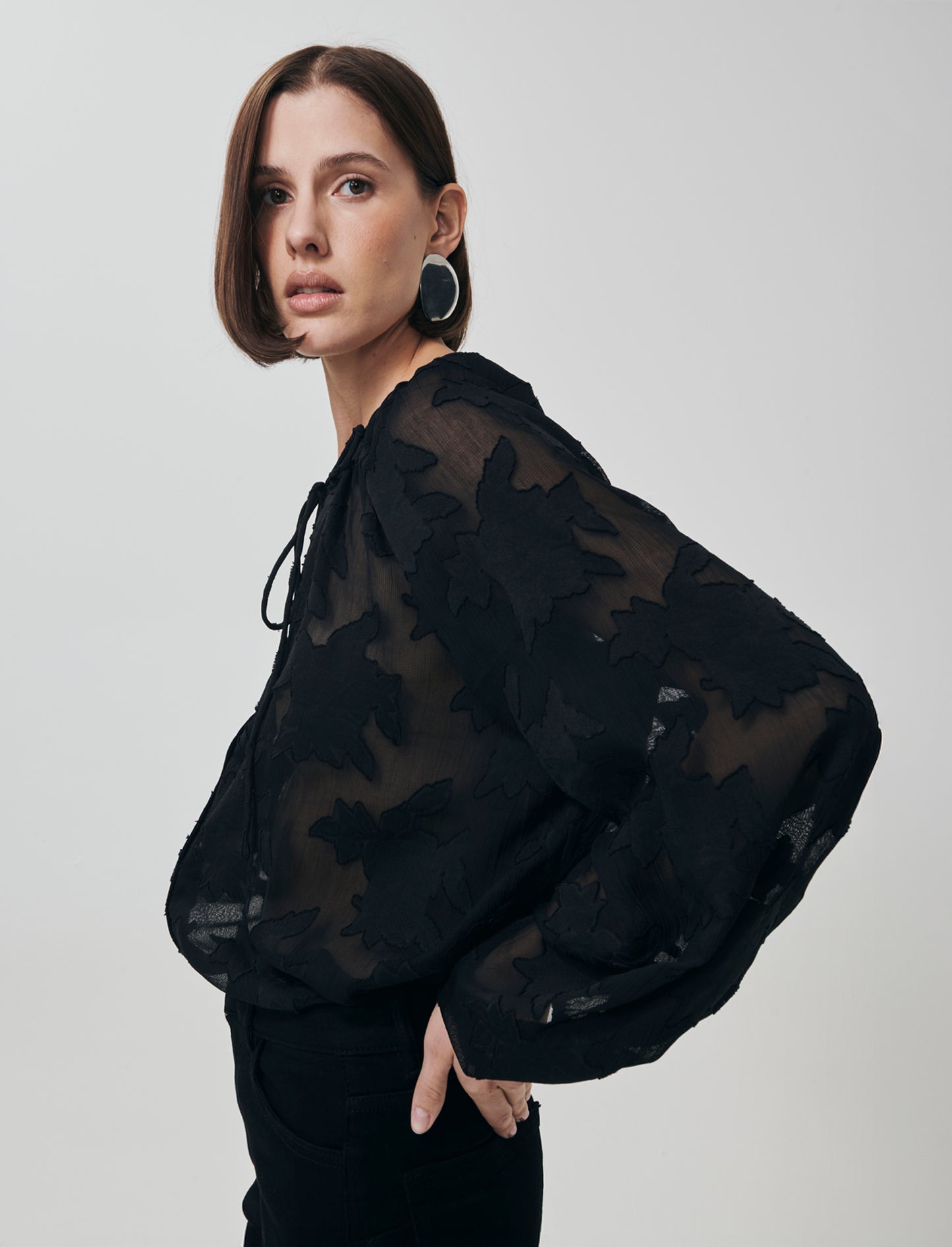 Blusa Manica Lunga con Bottoni Madreperla - Nero