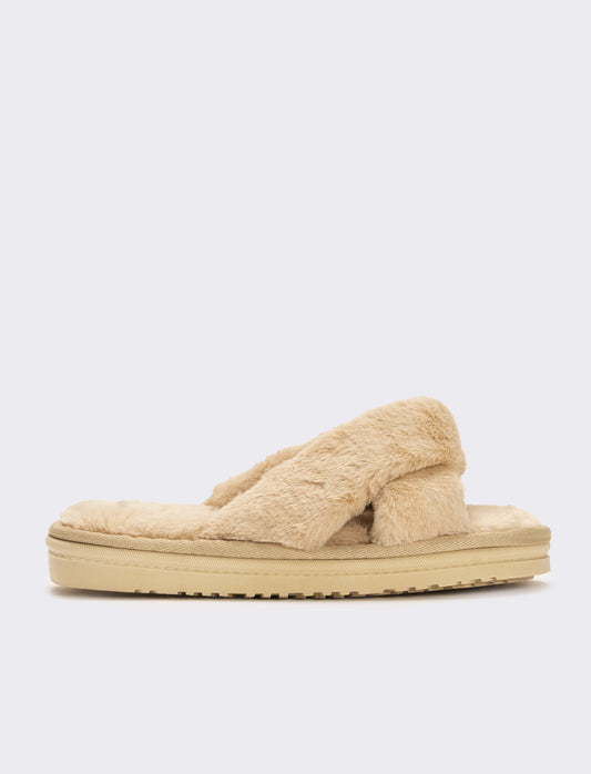Pantofola aperta effetto furry da donna - Beige