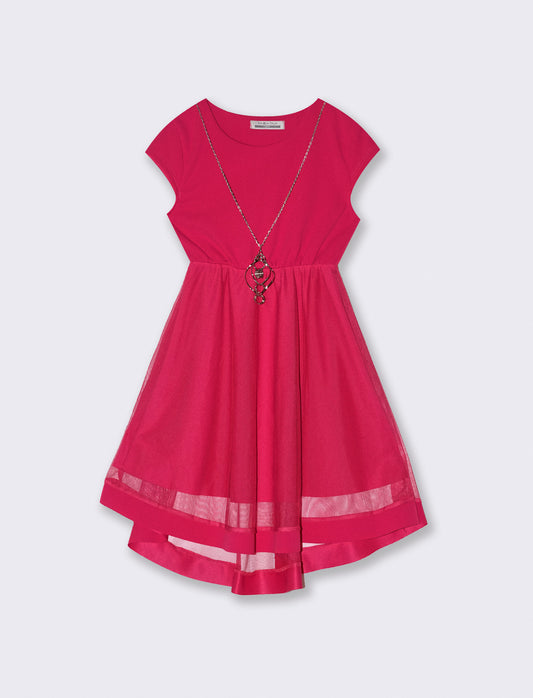 Abito da bambina svasato con balza in tulle - Fuxia