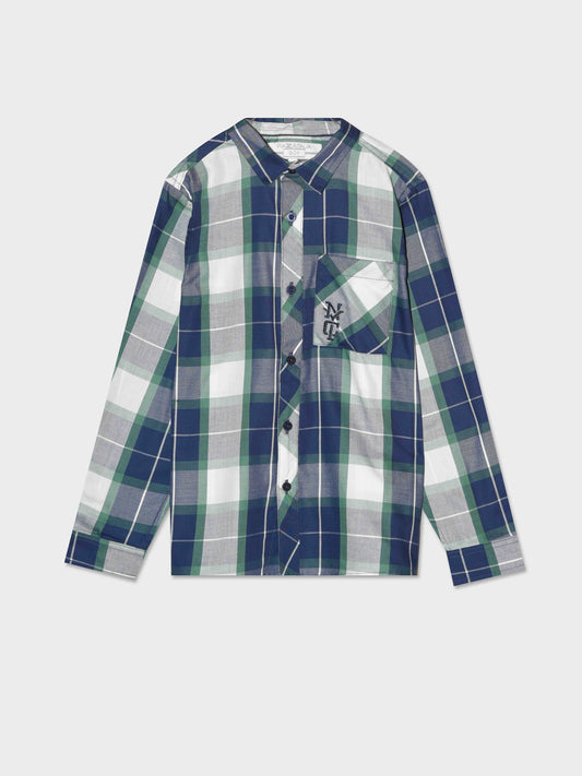 Kids Plaid Shirt with Long Sleeves, Front Pocket and Embroidery - Blue