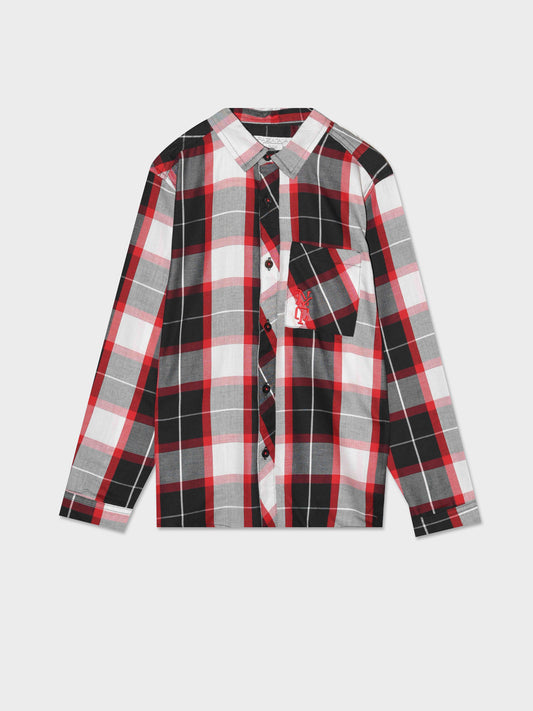 Kids Plaid Shirt with Long Sleeves, Front Pocket and Embroidery - Red