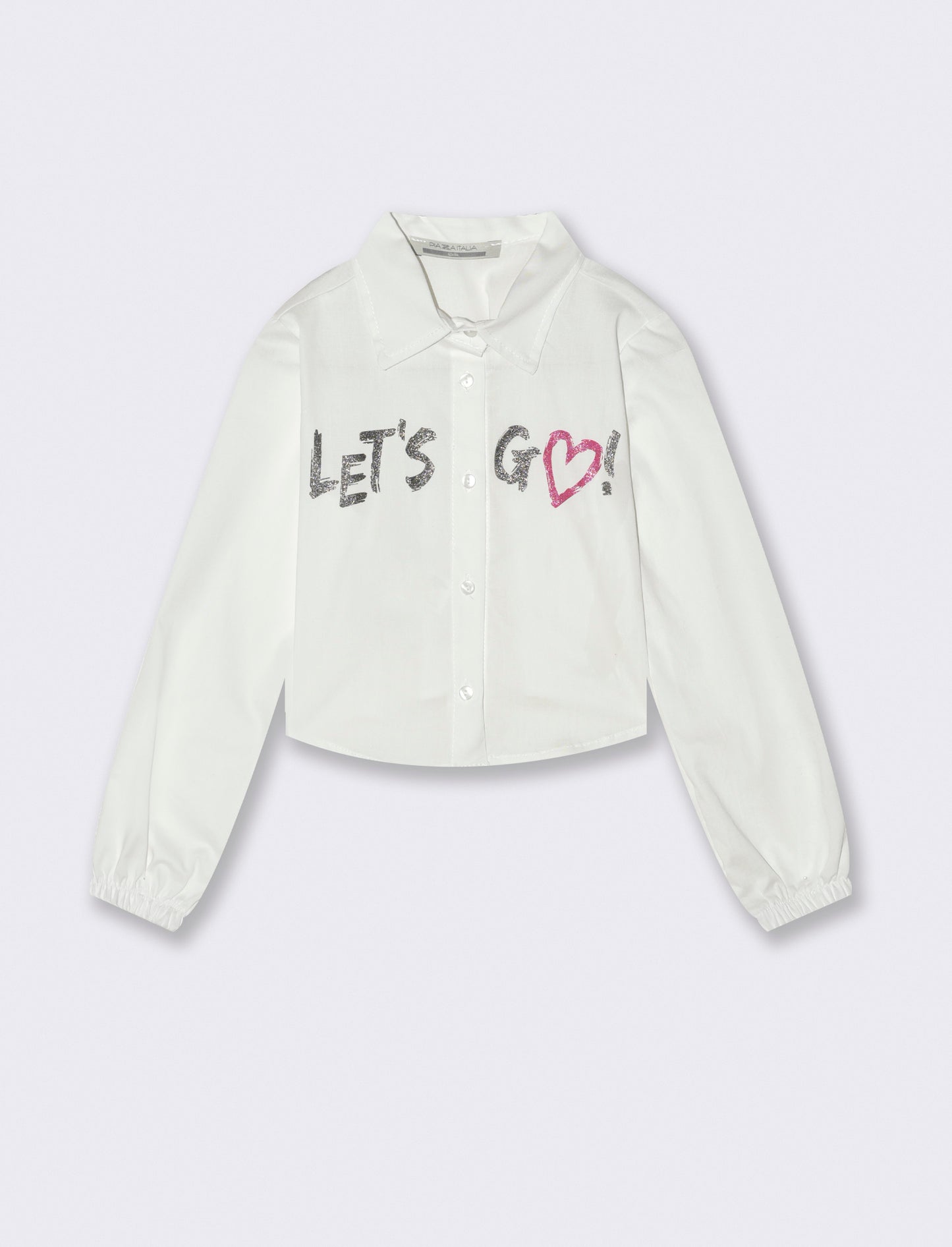 Camicia manica lunga cropped da bambina con stampa brillante. - Bianco