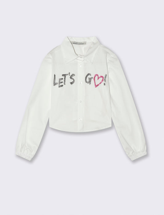 Camicia manica lunga cropped da bambina con stampa brillante. - Bianco