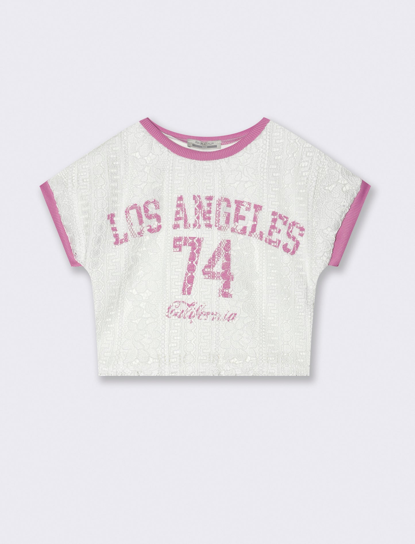 T-shirt da bambina con davanti in pizzo e stampa colorata. - Bianco