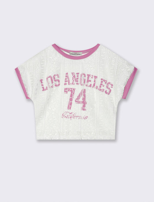 T-shirt da bambina con davanti in pizzo e stampa colorata. - Bianco