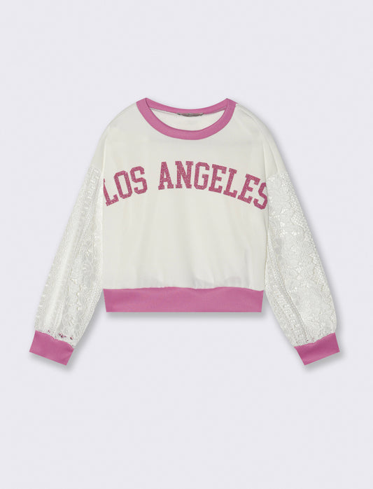 Felpa da bambina cropped con maniche lunghe in pizzo. - Bianco