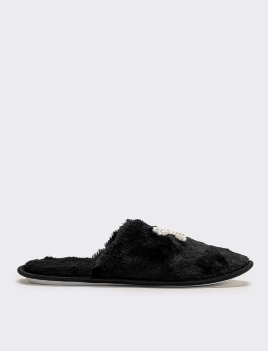 Pantofola da donna con  fiocco di perle - Nero